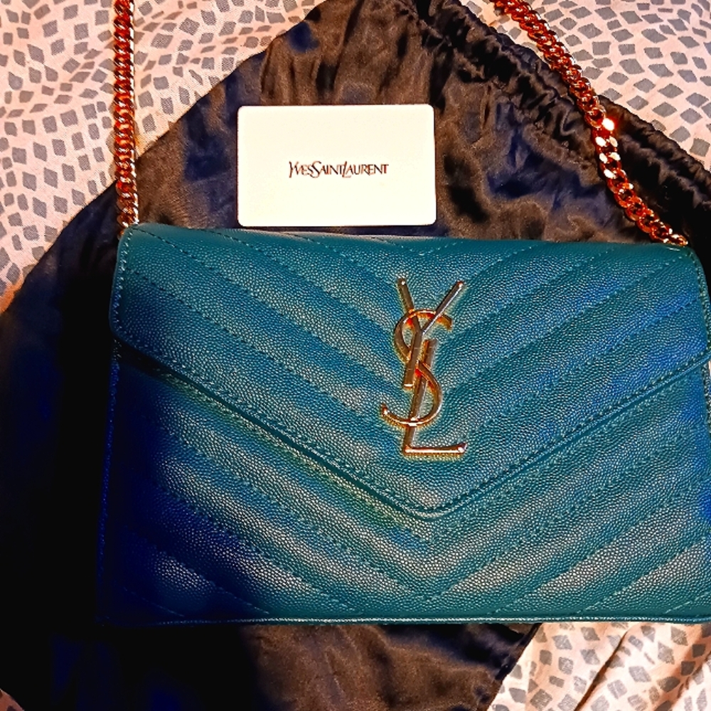 YVES Saint Laurent Green medium Leather Envelope with gold chain crossbody.